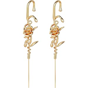 Oveta 2PCS Helix Hook Earrings for Women, Rose Butterfly Shaped Needle Earrings Ear Cuffs Ear Hook Earring, Gold/Silver