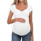 Tankaneo Womens V Neck Maternity Tops Cap Sleeve Fitted Breastfeeding T Shirts Summer Pleated Pregnancy Clothes