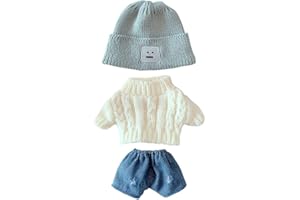 niannyyhouse Doll Clothes Suit 7.8in/20cm Plush Doll Clothes Hat + Sweater + Shorts 3-Piece Set Doll Dressup Square Face Hat Denim Shorts White Sweater (Blue)