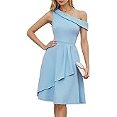 Dressystar Women One Shoulder Ruffle Wedding Guest Dress Spring A Line Wrap Knee Length Cocktail Formal Dresses with Pockets