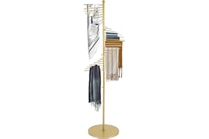 MARTEXBUY Scarf Organizer, Hijab Organizer, 30 Tiers Metal Scarf Hanger for Multiple Scarves, 67" Height Floor-standing Hijab Stand Belt Pants Hanger for Home, Commercial, Clothing Store (Gold)