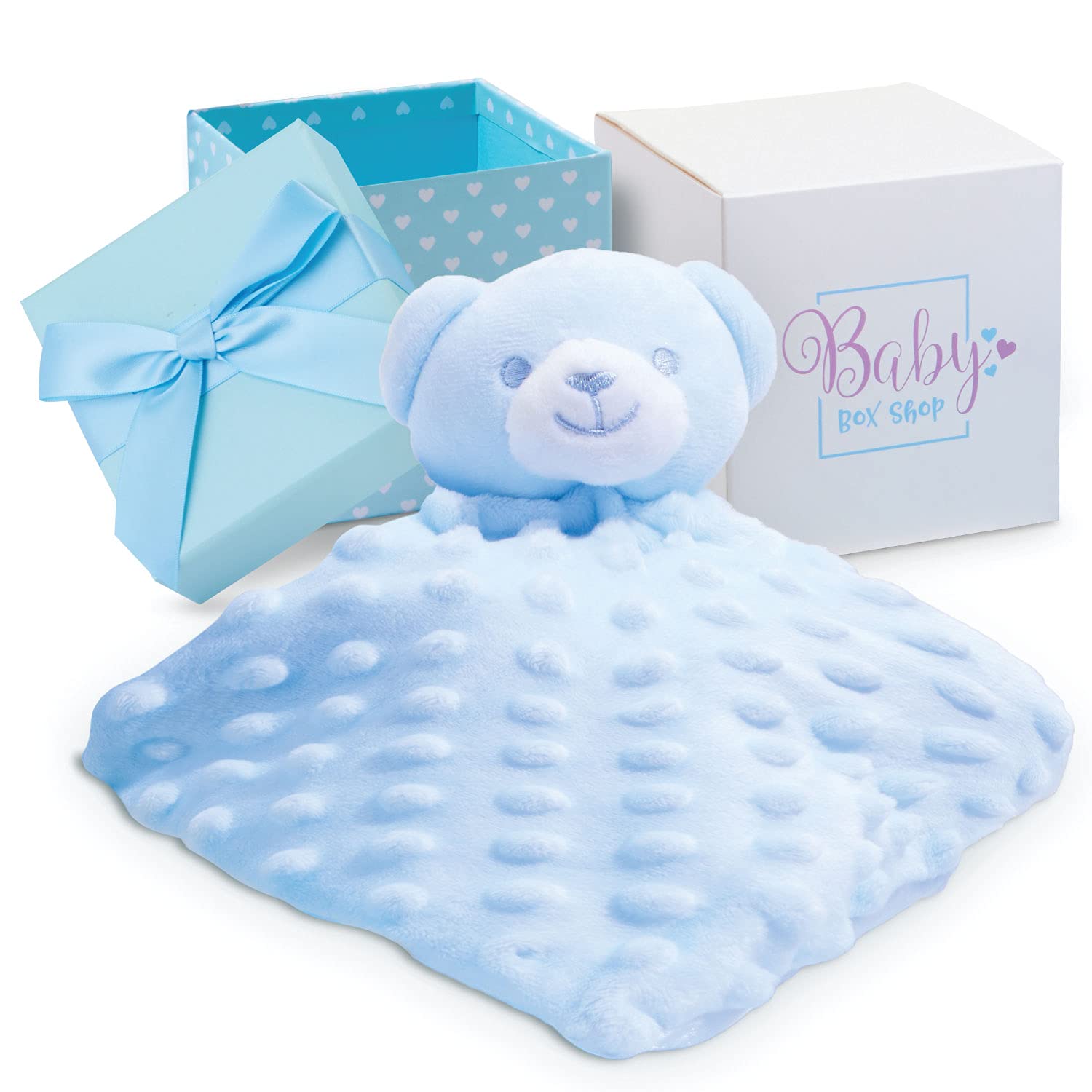 Baby Box Shop - Blue Teddy Comforter, Snuggly Soft Security Blanket, Machine Washable Bear Blankie in 11cm x 11cm Gift Box - Cute Blue Comforter Toy for Infant Boys, Newborn Boy Gift