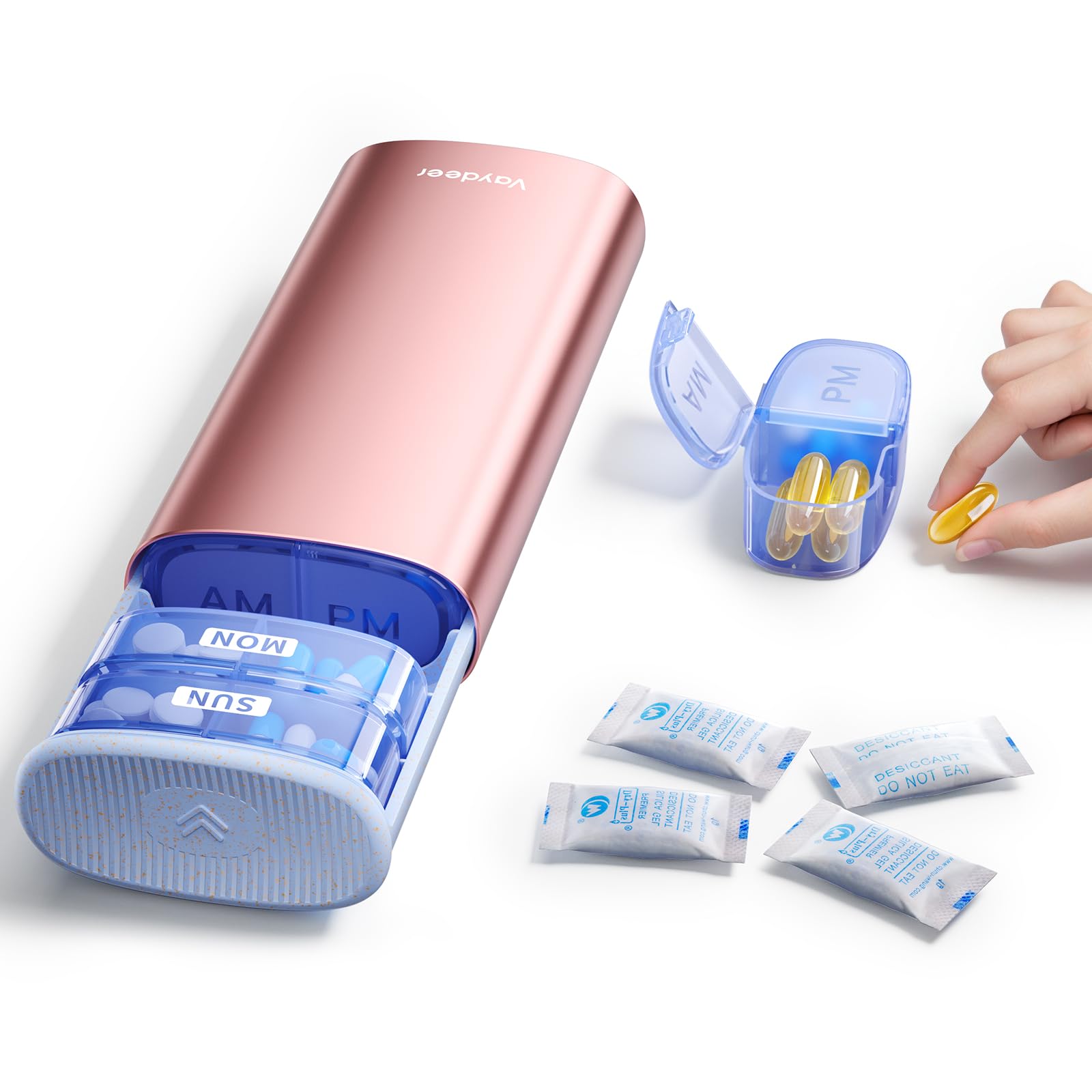 Photo 1 of Vaydeer AM/PM Metal Pill Organizer, Weekly Pill Box with Built-in Desiccant Compartment, Airtight Travel Pill Case for Medication, Vitamins & Supplements (Rose Gold)