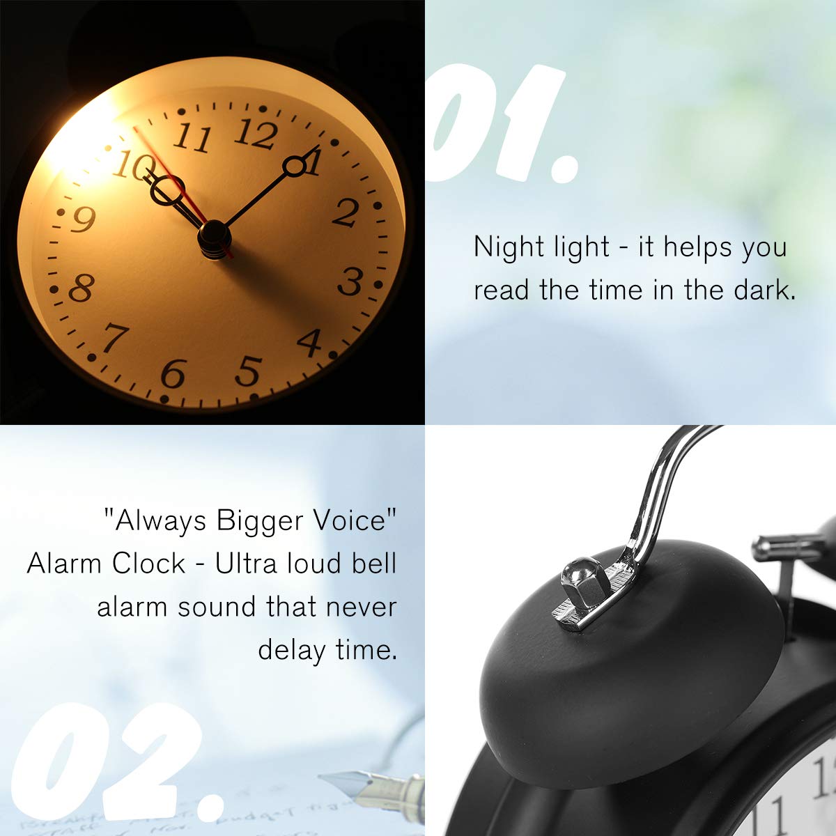 Jeteven lautlos Doppelglockenwecker 17x13x 6cm mit Nachtlicht,Analog Quarzwecker mit lautem Alarm,kein Ticken, geräuschlos (Schwarz)