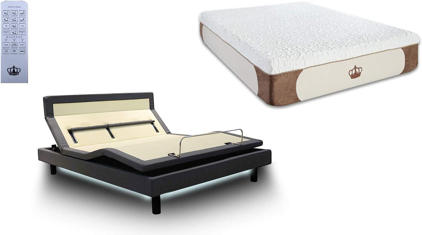 DynastyMattress DM9000s Adjustable Base 4 Motors, Lumbar Support, Massage, Head & Foot Tilt, Underbed Light, USB Ports with 14" Gel Memory Foam Bed(Queen)