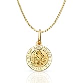 14K Yellow Gold St. Christopher Medal Pendant Necklace Protect Us Charm with 1.2mm Flat Open Wheat Chain