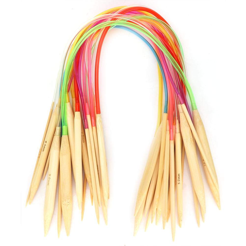 Hilitand 18pcs Bamboo Knitting Needle Set Color Double-Pointed Bamboo Circular Knitting Needle with Clear Tube for Knitting Process (60cm/23.6in)