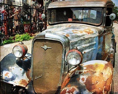Wood Wall Art Photography - Vintage Cars and Vehicles: Blue Rusty Chevy Truck