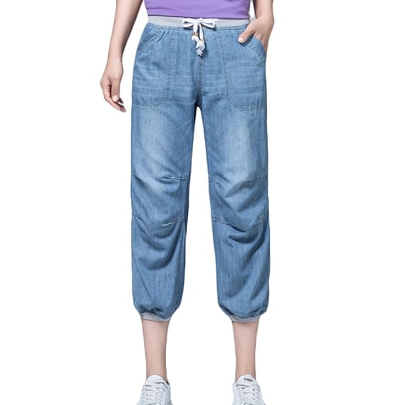 stretch denim capris elastic waist
