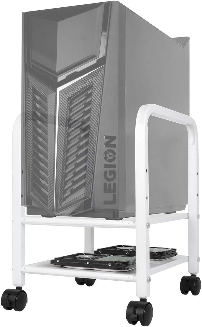 Computer Tower Stand, Desktop ATX-Case CPU Holder, 2-Tier Adjustable Steel Rolling Stand for ATX-Case Under 8.6" Wide, Mobile Tower Case Stand Cart with Locking Caster Wheels for Office Home, White: Office Products