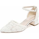 Bridaluxe 1601 Women’s Closed Toe Wedding Shoes 1.77 Inch Low Block Heel Lace Pearl Ankle Strap Bridal Pumps