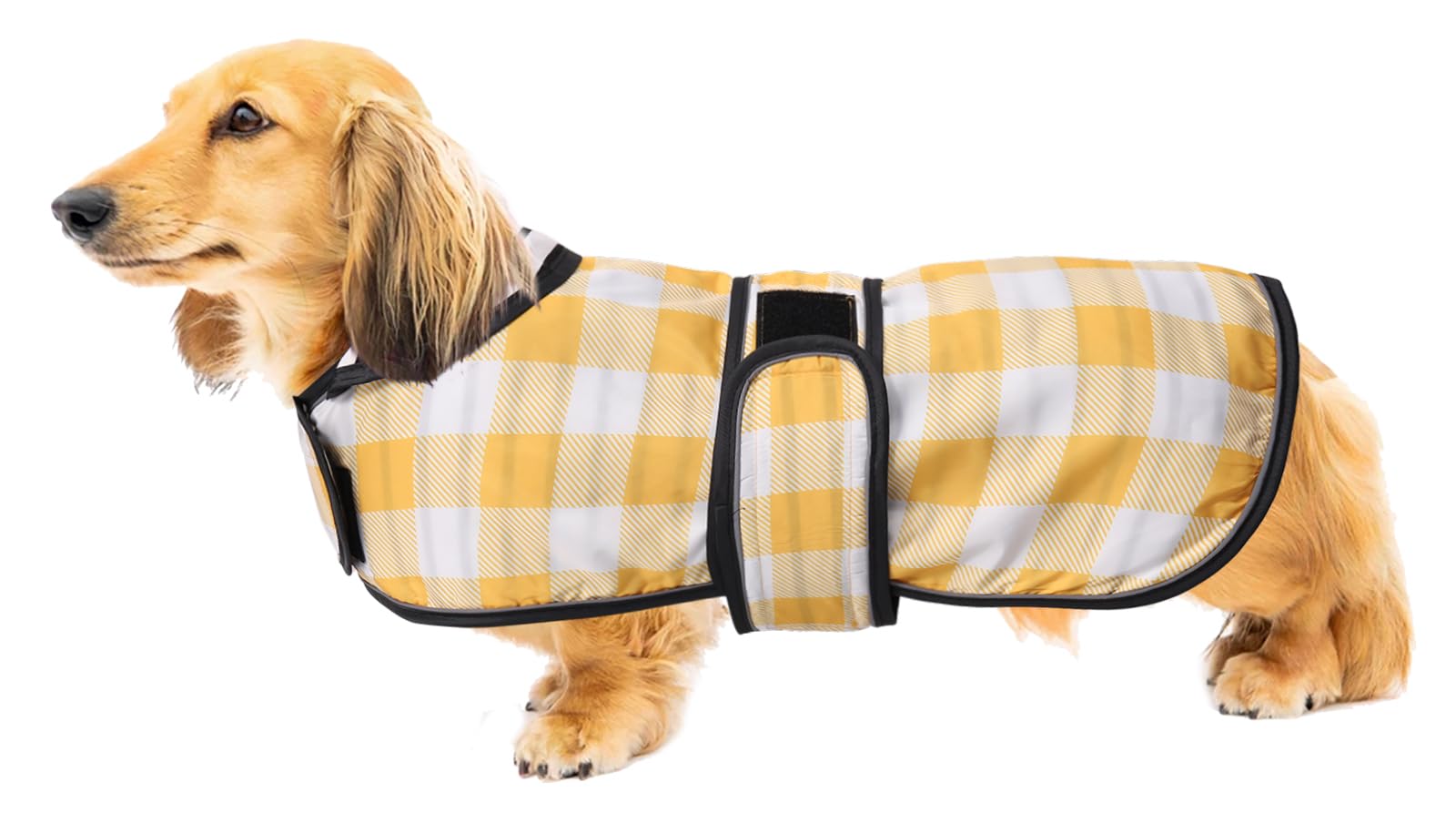 Dog Jacket Adjustable Lightweight Dachshund Raincoat with Reflective Straps and Harness Hole Best Gift for Dachshund -Yellow Grid -M
