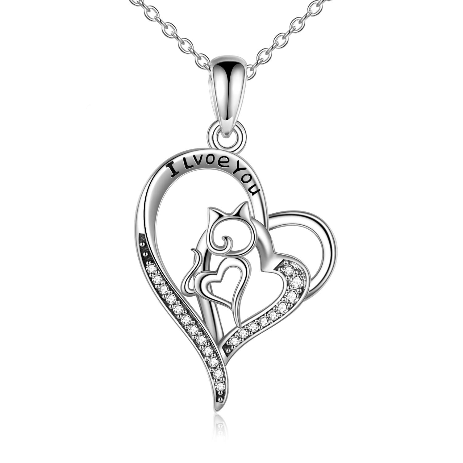 YFN Heart Necklaces 925 Sterling Silver love Heart Cat Necklace I Love You Cute Gift Women Girls