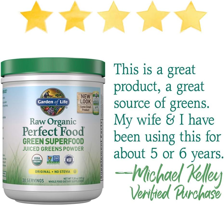 Garden of Life Raw Organic Perfect Food Green Superfood Juiced Greens Powder, Plant Based Dietary Supplement - Original Stevia-Free, 30 Servings (Packaging May Vary): Health & Personal Care