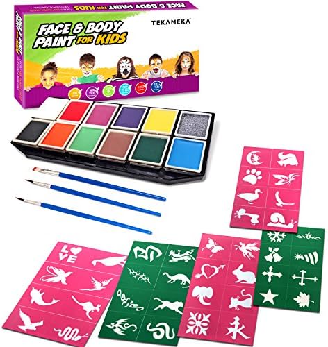 Face Paint Kit With 40 Stencils - 12 Colors Jumbo Palette, 3 Brushes And Glitter Art Non Toxic Face Painting And Vibrant Color For Parties Kids and Adult