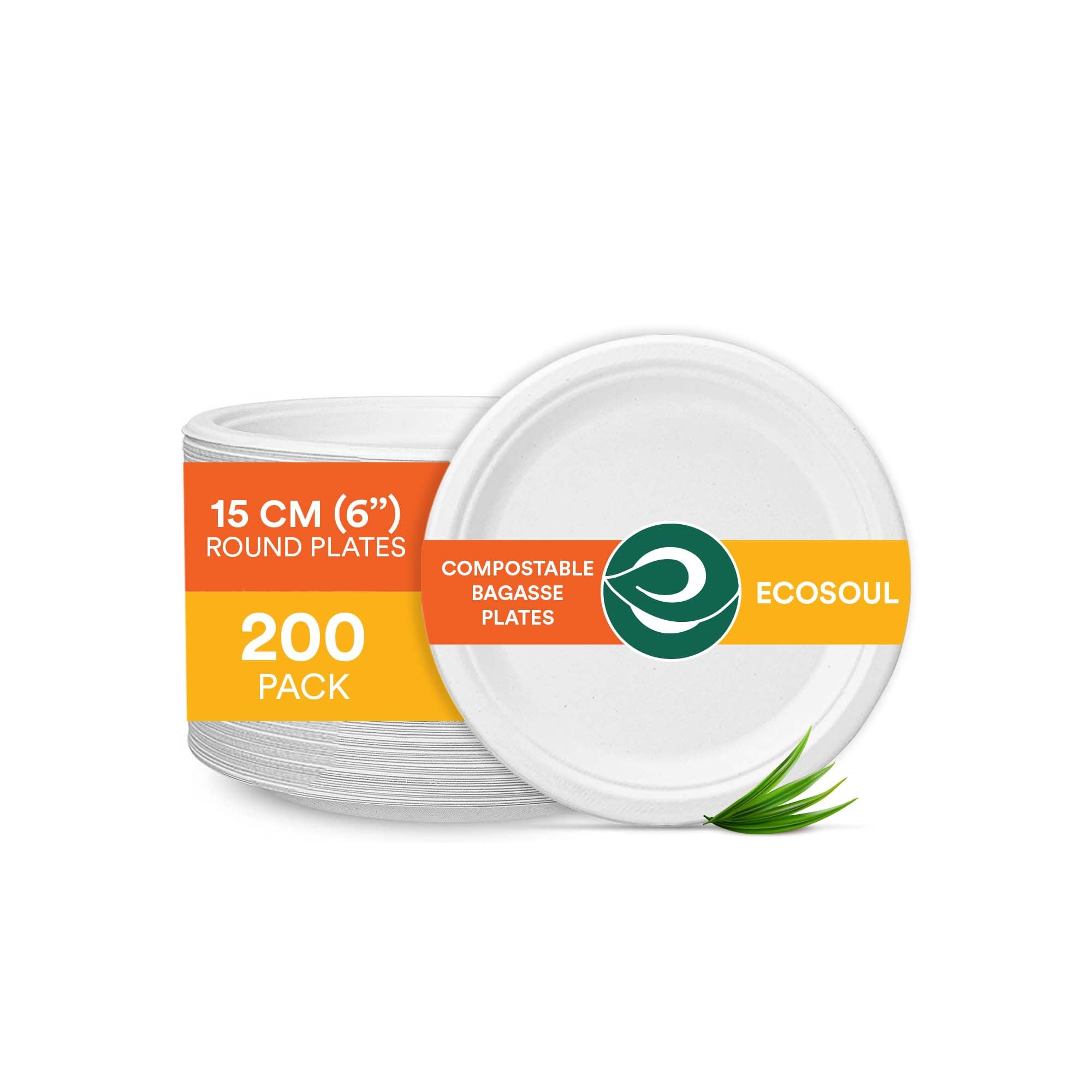 ECO SOUL Small Paper Plate (15Cm) 6 Inch Round [200-Pack] Compostable Heavy Duty Disposable Bagasse Plates | Eco Friendly Biodegradable Plates for Parties & Events(White)