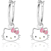 Hello Kitty Womens Hoop Earrings - Sterling Silver and Enamel Hello Kitty Earrings Official License