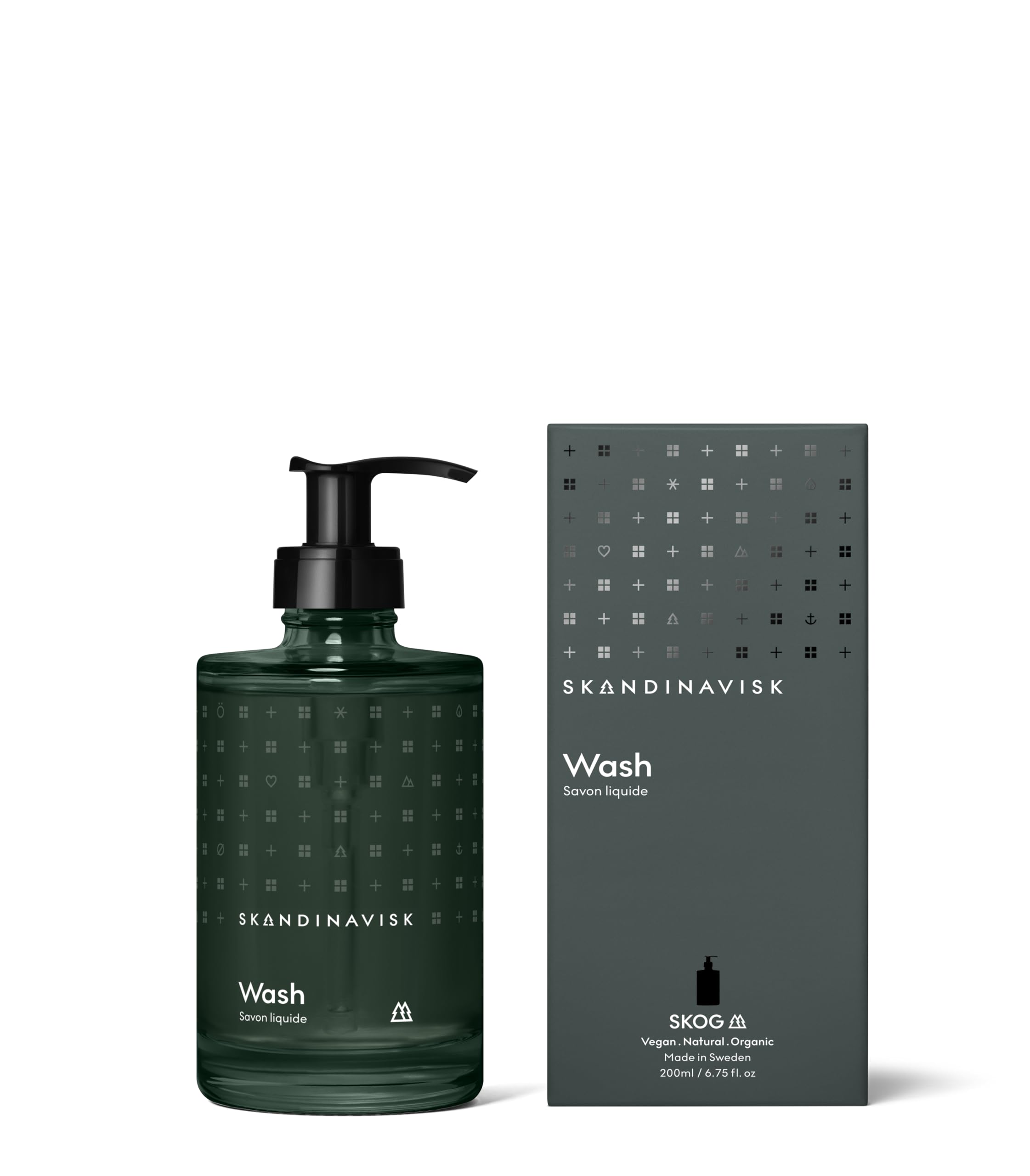 Skandinavisk SKOG ‘Forest’ Hand & body wash, Scent notes: Pine Needles and fir cones, birch sap and woodland lily of the valley, Coloured glass bottle with pump, 200 ml