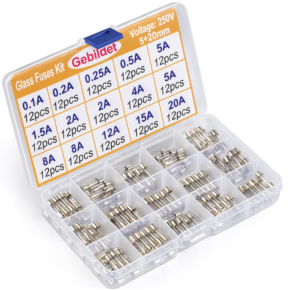 Gebildet 180pcs 5 * 20mm 15 Values 250V Fast Blow Glass Fuses Assorted Kit(0.1A/0.2A/0.25A/0.5A/1A/1.5A/2A/3A/4A/5A/8A/10A/12A/15A/20A,Each 12pcs)