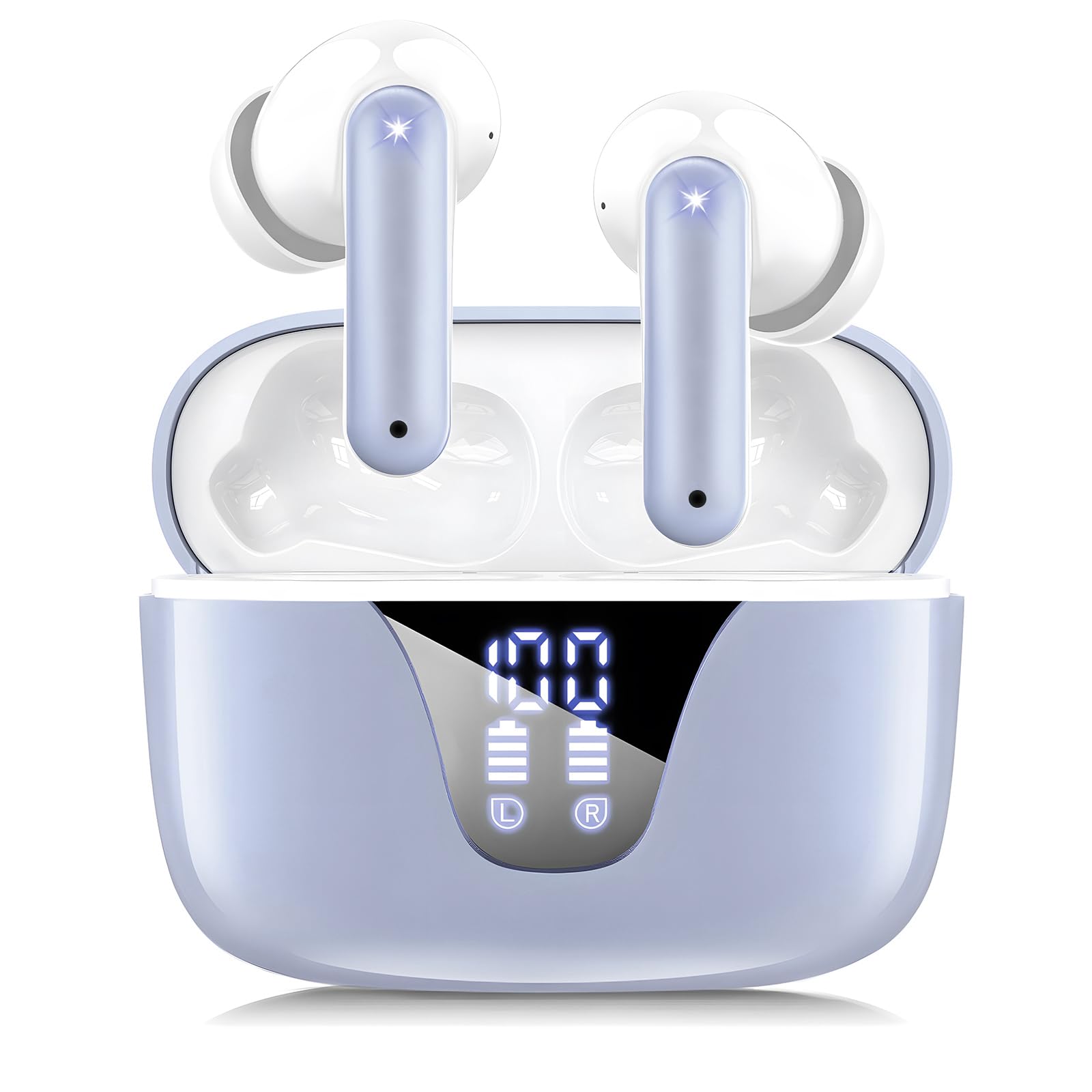 Nequga Wireless Earbuds Bluetooth Headphones, 50H Playtime Ear Buds with Mic, LED Digital Display Charging Case, IPX7 Waterproof, Deep Bass Stereo, in-Ear Earphone for iPhone Andriod Phone - Purple