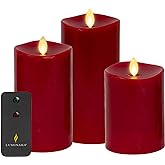 Luminara Flameless Flickering Melted Edge Set of 3 Candles, Battery Operated &amp; Timer Function, Remote Included, Unscented Paraffin Burgundy Wax LED Light Pillar, Christmas Holiday D&eacute;cor