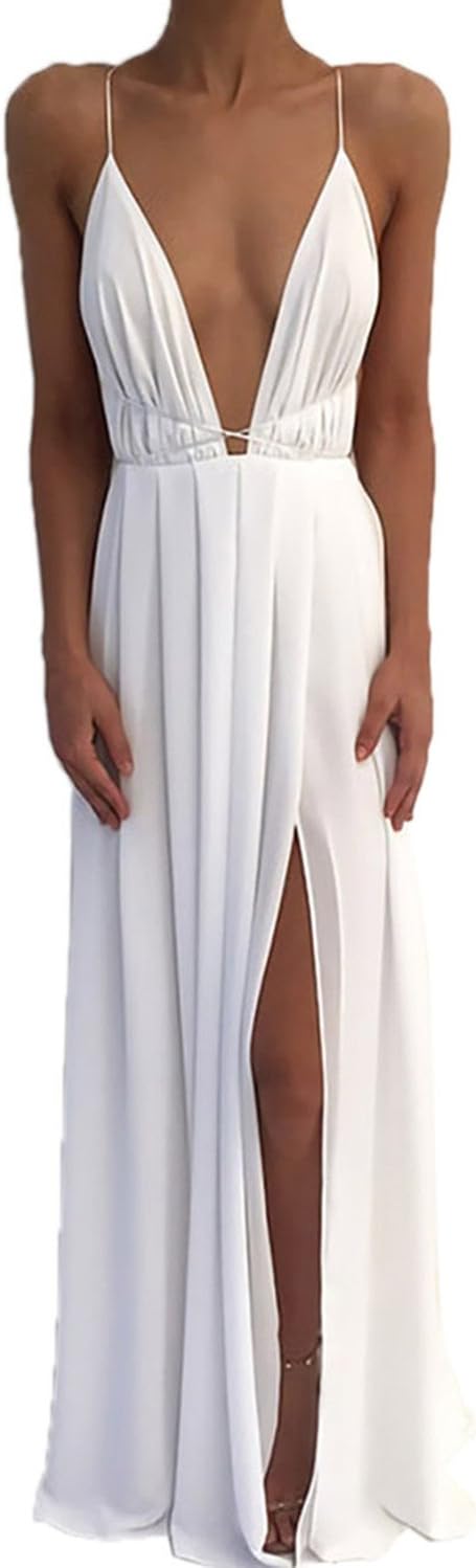 Boutiquefeel Womens Chiffon Spaghetti Strap Deep V Neck High Slit Maxi Dress