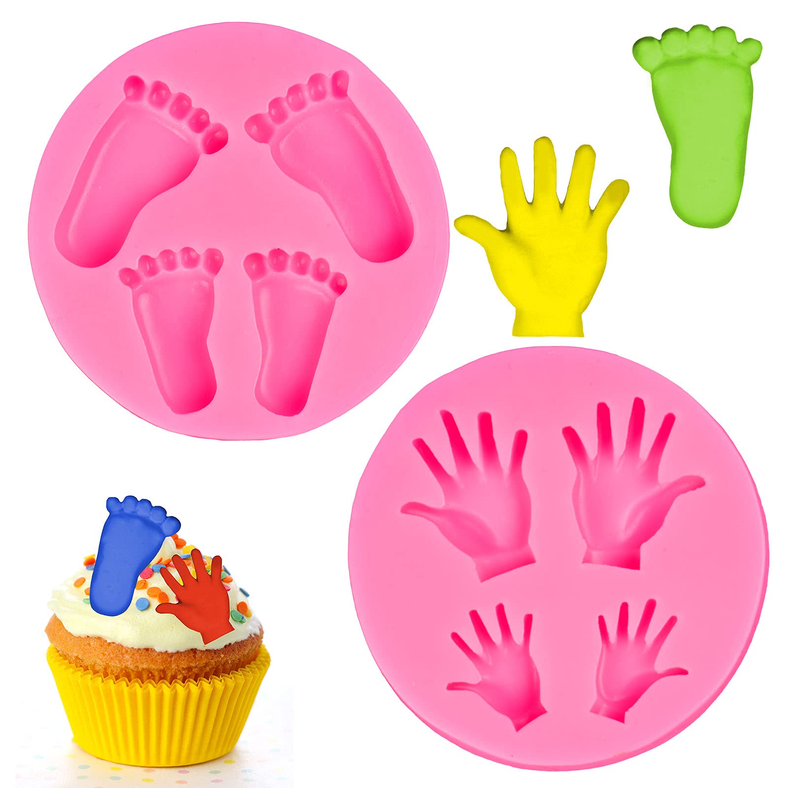 Whaline Silicone 3D Baby Feet Hands Mold Pink Chocolate Fondant Mould Baby Shower Candy Cake Topper Decoration DIY Baking Pudding Sugar Mould for Birthday Party Decoration, 2pcs