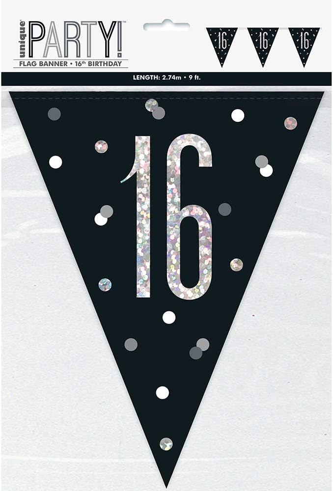 Stunning 16th Glitz Black & Silver Prismatic Plastic Flag Banner (274cm) - Elegant Decor for Memorable Celebration - 1 Pc