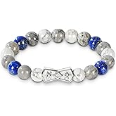 Men's Viking Rune Link Bracelet, 10mm Beaded Bracelet with Natural Gemstones, Adjustable Elastic Design, Gift for Anniversary, Christmas and Thanksgiving,Lapis Lazuli/Map Stone/Howlite/Tiger Eye/Snowflake Obsidian/Black Agate
