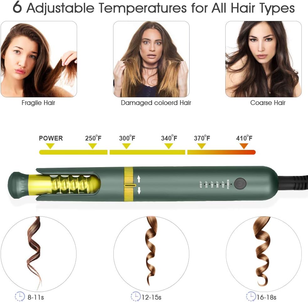 Professional Curling Iron Auto Hair Curler Compact Curling Wand Instant Heating Up Hair Wands Curler with 5 Temperature Adjustments Including Heat Protective Glove (Green): Health & Personal Care