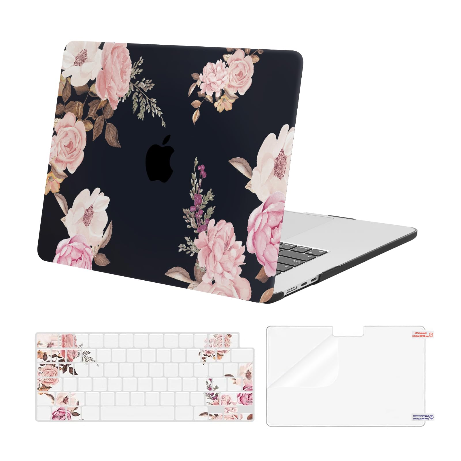 MOSISO Compatible with MacBook Air 15 inch Case M5 M4 M3 M2 2026 2025-2023 A3448 A3241 A3114 A2941 Touch ID, Plastic Peony Hard Shell Case & Keyboard Cover Skin & Screen Protector, Black