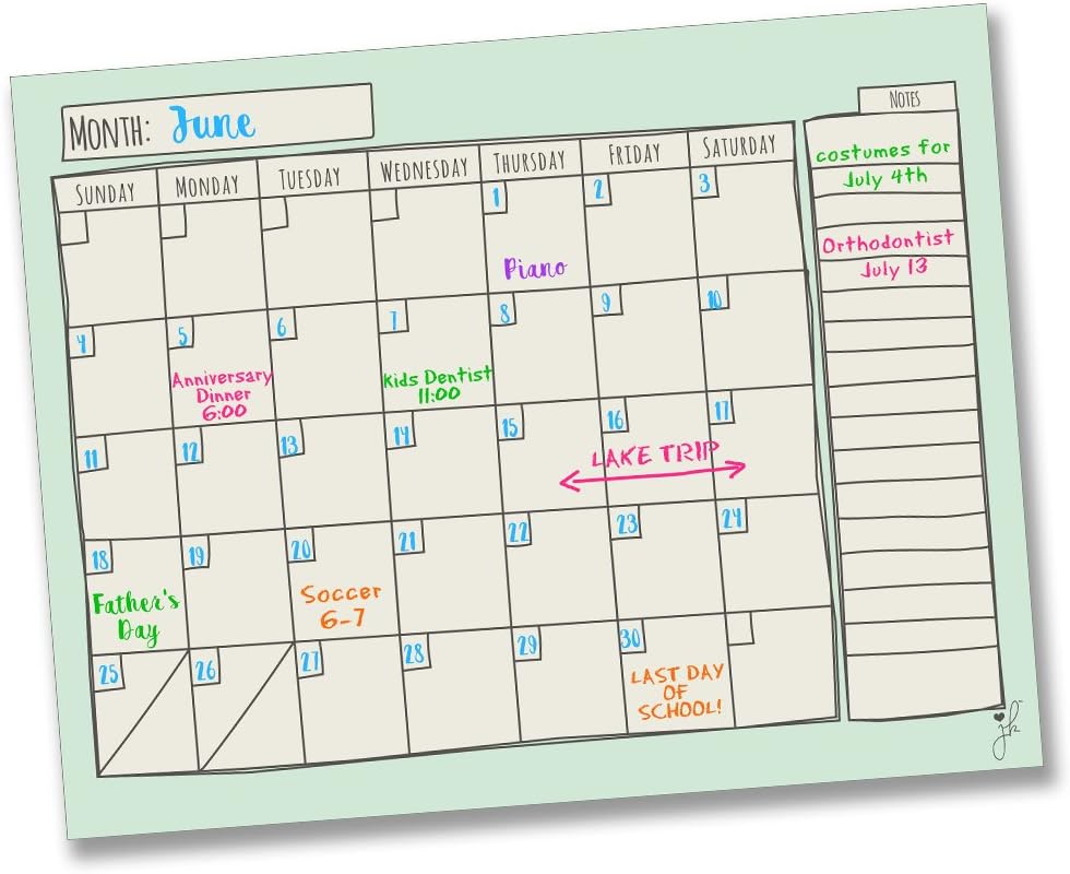 Jennakate - Mint Magnetic Dry Erase Refrigerator Calendar - Monthly Refrigerator Planner - Schedule Board Calendar- Family Command Center -18" x 14"