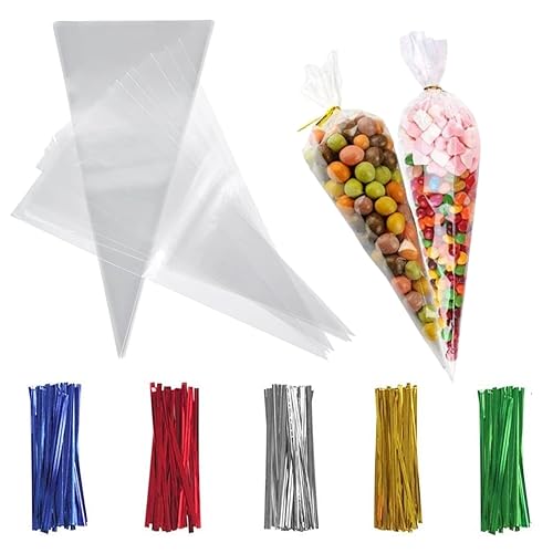Recon Up 13×25cm Crystal Clean sweet cone bags 100Pcs cellophane bags with Coloured twist ties, Triangle Transparent for Halloween Christmas Party Snacks, Chocolates, Candy
