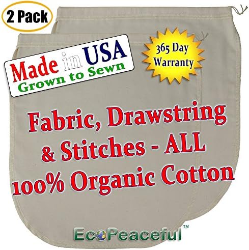 (2 pack) USA Organic Cotton, Nut Milk Bag. (Read our: Fake "Organic" Warning!) Truly 100% Organic Cotton, Sewn w/ 100% Organic Cotton Threads. (2, 12x13)