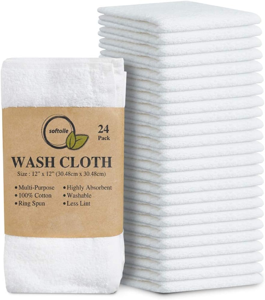 Softolle 100% Cotton Ring Spun Wash Cloths – Bulk Pack of 24 Pieces Washcloths – 12x12 Inches – Wash Cloth for Face, Highly Absorbent, Soft and Face Towels: Home & Kitchen
