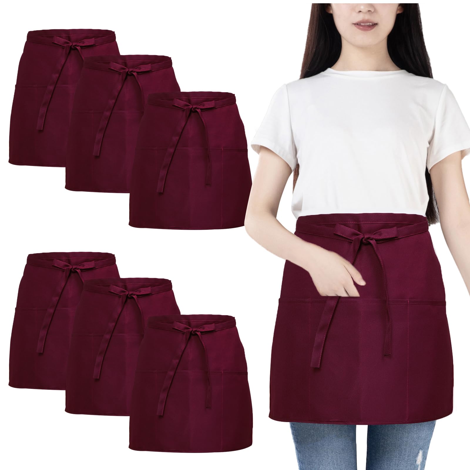 FunChaos 6 Pack Red Waist Apron, Waitress Apron with 3 Pockets, Waterproof Half Aprons for Men and Women, Chef Aprons for Cooking Cleaning Painting Gardening Bistro Restaurant (Wine)