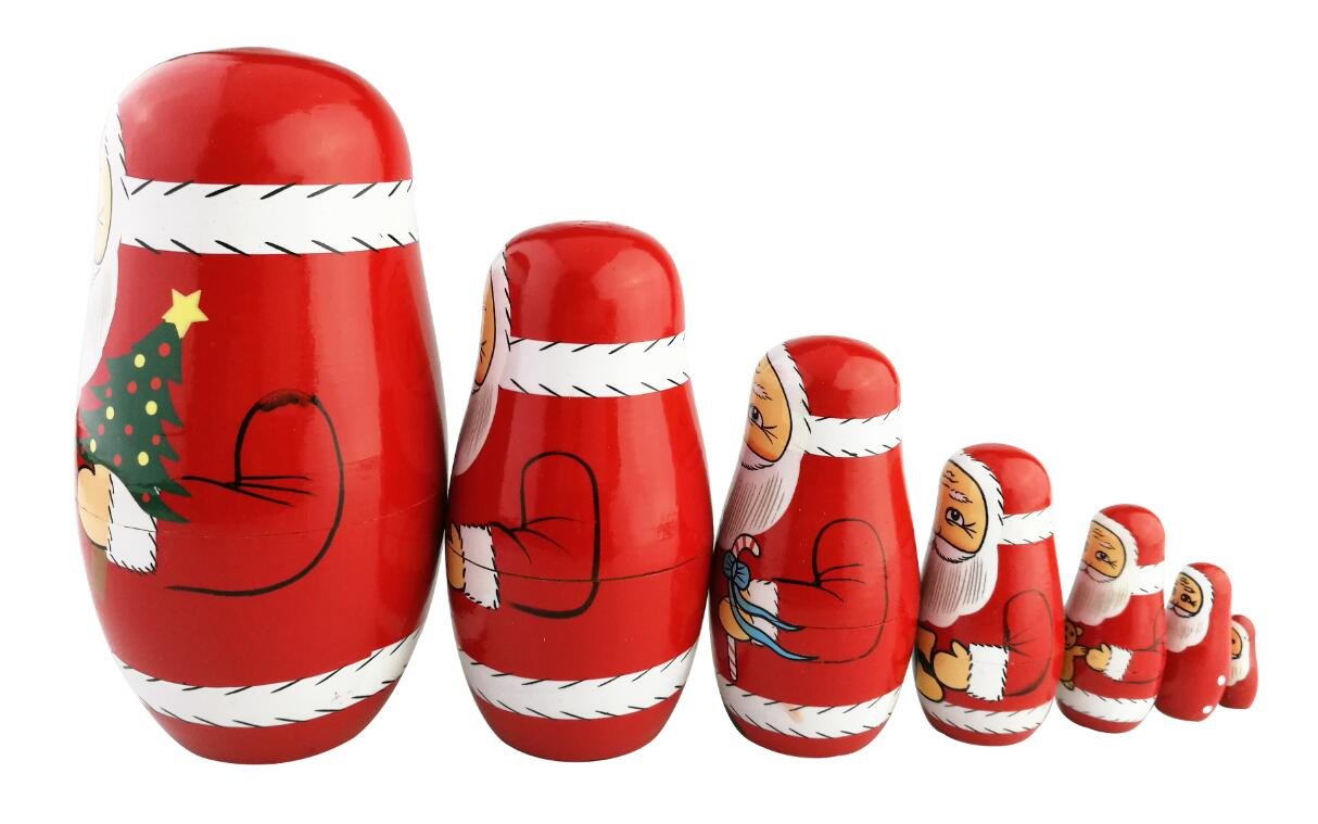 Winterworm Cute Creative Santa Claus's Bringing Kinds of Gifts to You Pattern Handmade Wooden Matryoshka Dolls Russian Nesting Dolls Set 7 Pieces for Kids Toy Birthday Home Decoration