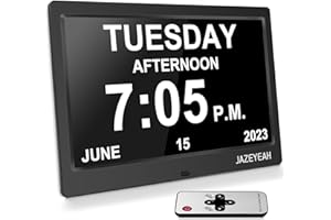 jazeyeah 10.1" Digtal Clock with Day and Date of Week for Seniors,12 Alarm Settings, Large Time Display, Auto Dimmable - Best Gift for Elderly