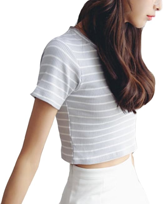 Amazon Elpis レディース ボーダー Tシャツ 半袖 スリム コットン チビt お腹 見せ S M L 4色 グレー ボーダーホワイト S 服 ファッション小物 通販