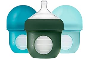 Boon Nursh Reusable Silicone Baby Bottles with Collapsible Silicone Pouch Design - Everyday Baby Essentials - Stage 1 Slow Flow Baby Bottles - Blue - 4 Oz - 3 Count