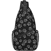 SURERUIM Paw Print Sling Bag Grey Dog Paws Puppy Footprint on Black Background Crossbody Backpack Cute Animal Claws Pattern Chest Shoulder Bag Casual Gym Sports Travel Hiking Daypack for Women Men