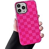 CHEDEMK Compatible with iPhone 16 Pro Max Case, Cute Aesthetic Fashion Colorful Checkered Cover for Women, Shockproof Slim Soft TPU and Hard PC Protective Phone Case for iPhone 16 Pro Max - Hot Pink