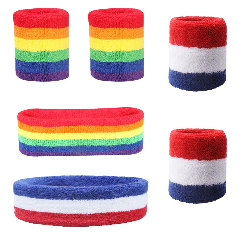 6 Pieces Colorful Cotton Sweatband Set Rainbow Sports Headband Sweatbands Wristband for Basketball Tennis Working Out