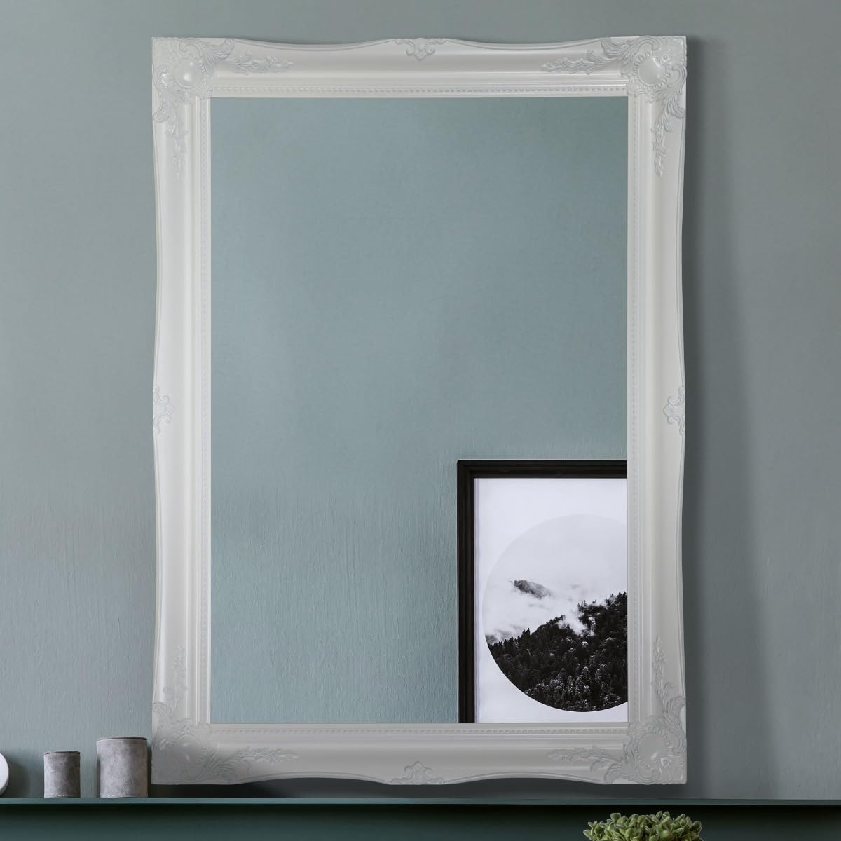 Extra Large Shabby Chic Antique Style Rectangular Wall Mirror, Matt White, 77 x 107 cm