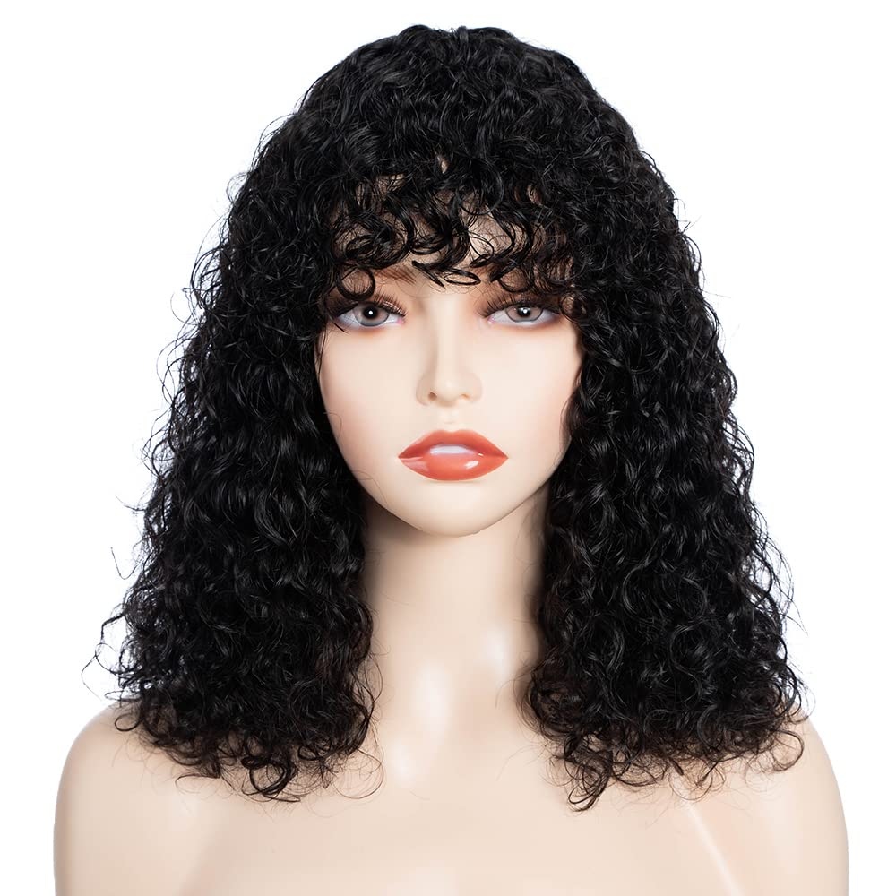 Fashion Idol Short Curly Human-Hair Wigs with Bangs 14 Inch Jerry Curl Bob Brazilian Virgin Human Hair None Lace Front Wigs for Black Women Machine Made Black