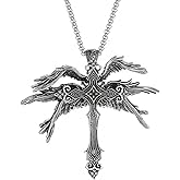 AOOMO Gothic Cross Necklace for Men Vintage Six Winged Angel Cross Pendant Necklace Punk Silver Talisman Charm Necklace Biker Style Halloween Accessory