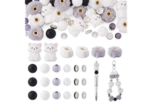 44Pcs Cat Silicone Focal Beads for Pens, White Fluffy Faux Fur Pom Poms Beads for Keychain Making, Cute Cat Kitten Silicone B