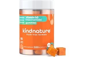 kindnature Vitamin B3 Niacin Gummies - Flush Free Niacinamide 500mg Supplement - Vegan, Non-GMO, Low-Calorie, Gluten-Free, Soy-Fee, 3rd Party Lab Tested - 1 Month Supply, 90 Chewable Gummies
