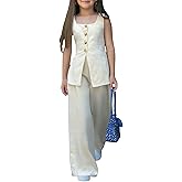 Verdusa Girl's 2 Piece Pant Sets Sleeveless Suit Vest with Long Elastic Pants Summer Vacation Outfits
