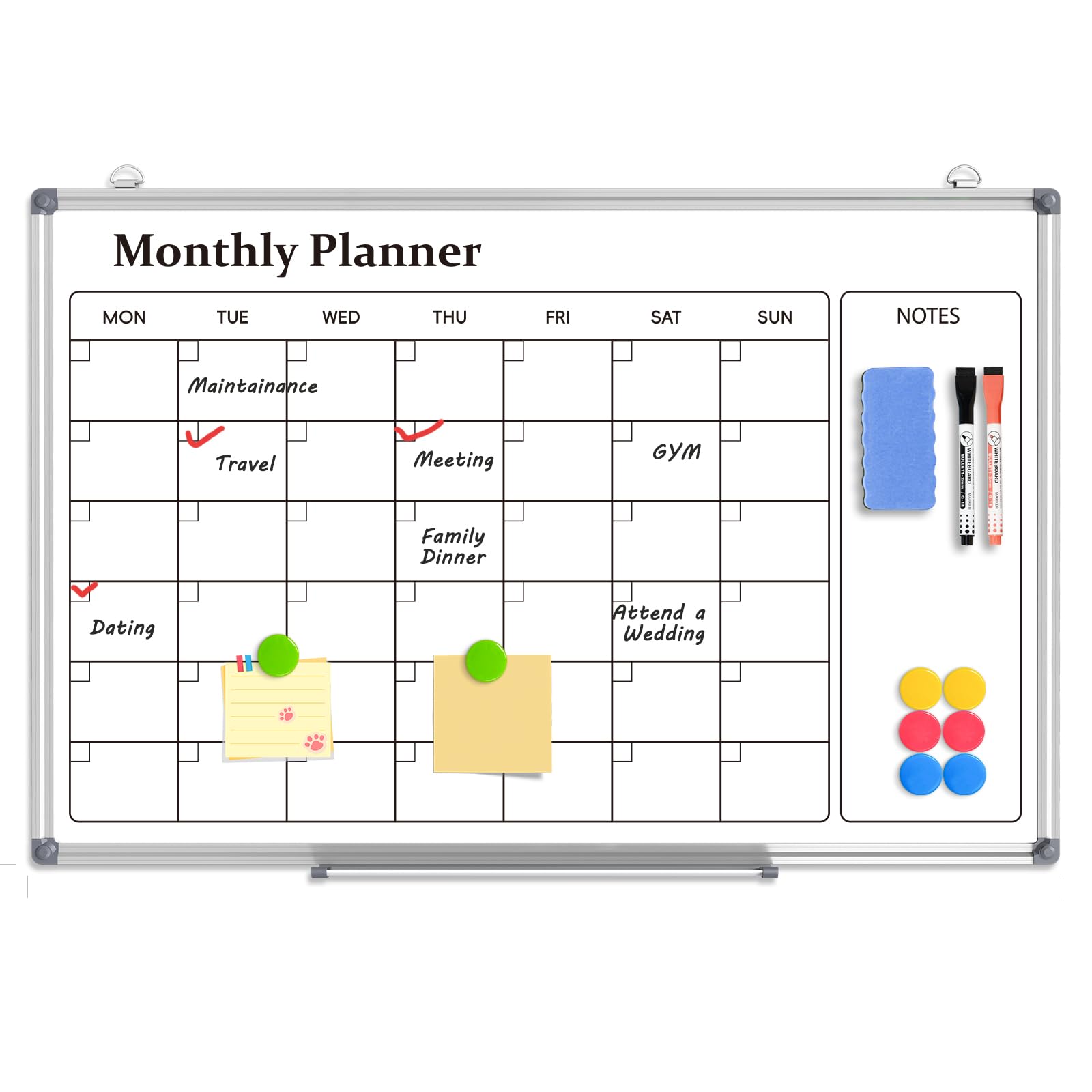 QUEENLINK Monthly Calendar Whiteboard for Wall, 40x60cm Aluminium Frame Dry Erase White Board, Planning Message Schedule Wall Board with Pen Tray for Home Office